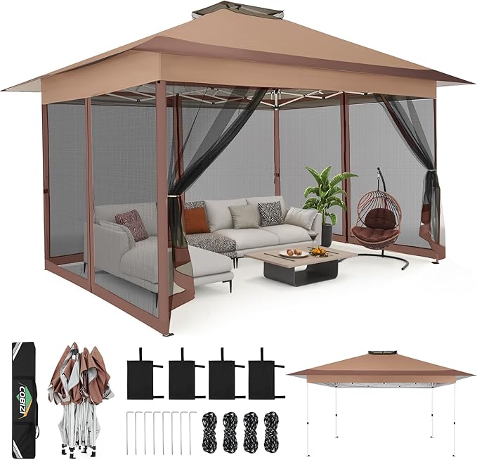 C0BIZI Gazebo 10x15 Pop up Canopy,Gazebos on Clearance-Canopy Tent with Mosquito Netting for Lawn,Garden,Backyard & Patio-Outdoor Tent-Water Resistant and UPF50+ (Brown)