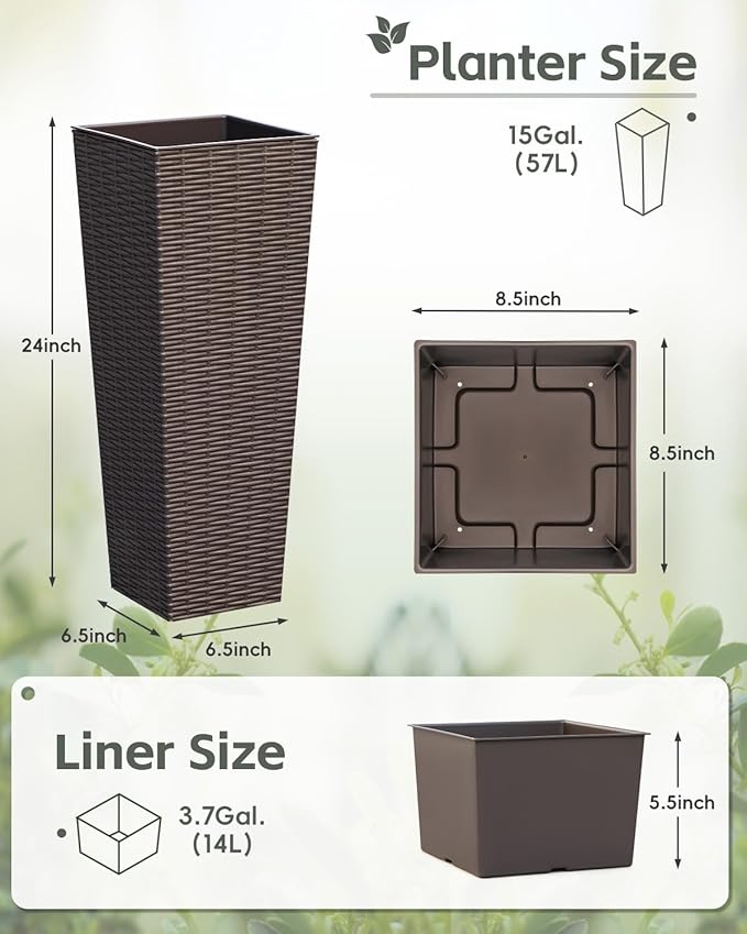 Greesum 24 Inch Tall Plastic Planters (Set of 2), Detachable Inner Pot & Drainage Holes, Outdoor Decorative Flower Pots for Large Plants, Trees, Patio, and Garden, Brown