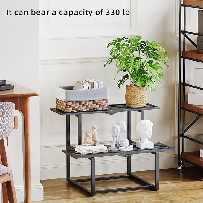 Metal Plant Stand, Foldable Heavy Duty Indoor, Window Iron Plant Shelf - Mid Century Modern Slatted Display for Patio,Garden, Living Room Load Bearing 330 lbs 26" L x 20.2" H x 17.7" W2 Tier Black