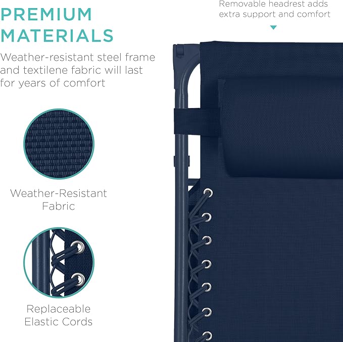Best Choice Products Folding Zero Gravity Outdoor Recliner Patio Lounge Chair w/Adjustable Canopy Shade, Headrest, Side Accessory Tray, Textilene Mesh - Navy