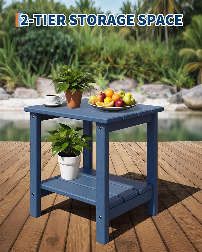 GarveeLife Adirondack Outdoor Side Table 18 x 15 in, HDPE 2-Tier Patio Side Tables for Outside, All-Weather End Table for Patio Pool Deck Indoor Backyard, Navy Blue-2Pcs