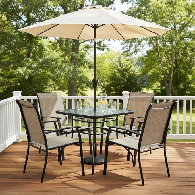 Tangkula 32" Square Outdoor Dining Table with Tempered Glass Top, Outside Bistro Table with 2" Umbrella Hole & Metal Frame, Patio Dining Table for Backyard, Lawn, Deck & Poolside