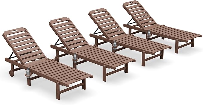 SERWALL Patio Chaise Lounge Set of 4, HDPE Outdoor Lounge Chair with Cup Holder, 5 Positions Adjustable Poly Lounger with Rolling Wheels for Poolside, Deck, Sunbathing, Brown