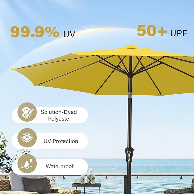 MEWAY 9ft Patio Umbrella Outdoor Table Umbrellas with Push Button Tilt and Crank, Market Umbrella 8 Sturdy Ribs for Deck, Garden, Pool and Backyard, Yellow
