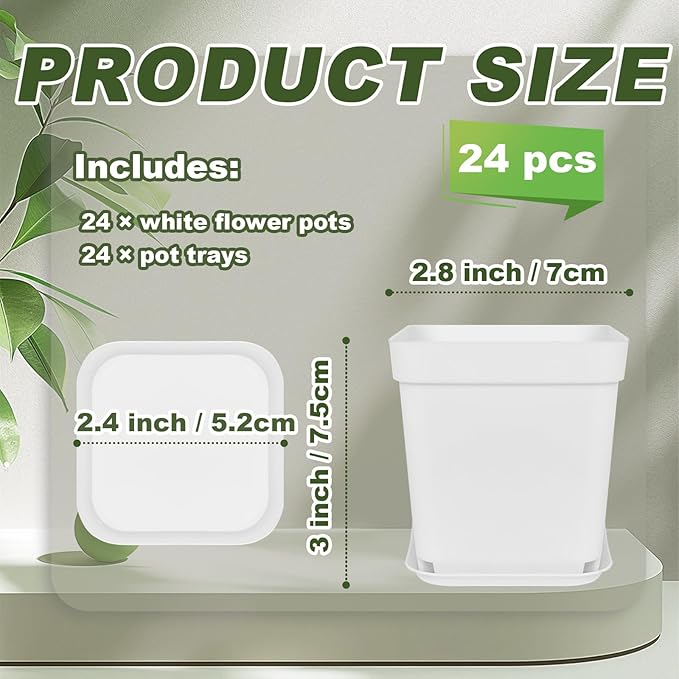 Anyumocz 24Pcs 3" Square Plastic Plant Pots,White Nursery Pots with Saucers,Seedling Nursery Transplanting Planter Container for Plants,Garden,Flower,Home,Office,Balcony Decor,Indoor,Outdoor