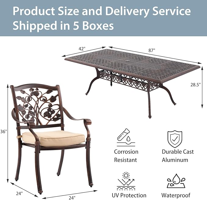 9-Piece Cast Aluminum Patio Furniture, Outdoor Dining Sets for 8 Include 87" Rectangular Patio Dining Table and 8 Stackable Chairs with Cushions & Umbrella Hole (Copper Red)