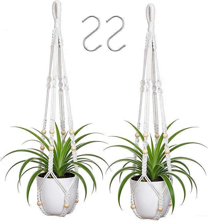 YIBOT Macrame Plant Hanger Indoor Outdoor, Up to 4-15 inch Pot, Heavy 20lb Planters, Extra Long Strong Hanging Planter Basket, Boho Home Decor, 35 Inch, Ivory, Set of 2 (POTS NOT Included)