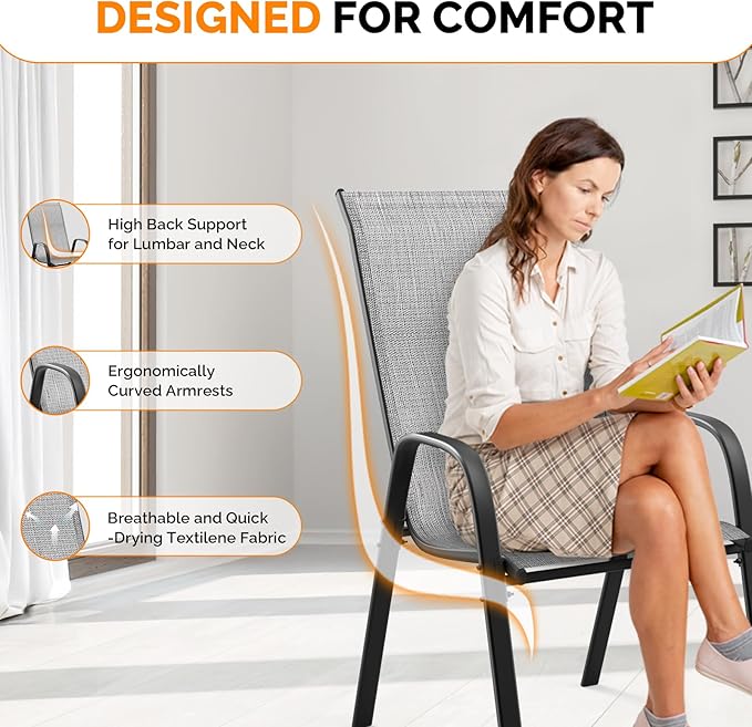 VINGLI Patio Chairs Set of 4 – Stackable Outdoor Dining Chairs with Comfortable Sling High Back Chairs and Armrests for Lawn, Poolside, Courtyard, Balcony, Garden, Silver Gray