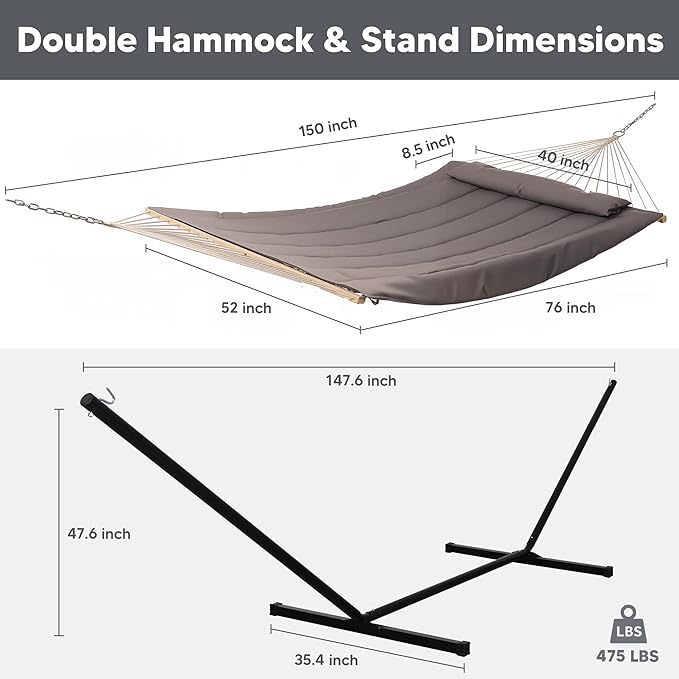 SUNCREAT Hammocks Two Person Hammock with 12ft Stand Included, Max 475lbs Capacity, Heavy Duty Free Standing Hammock, Coffee