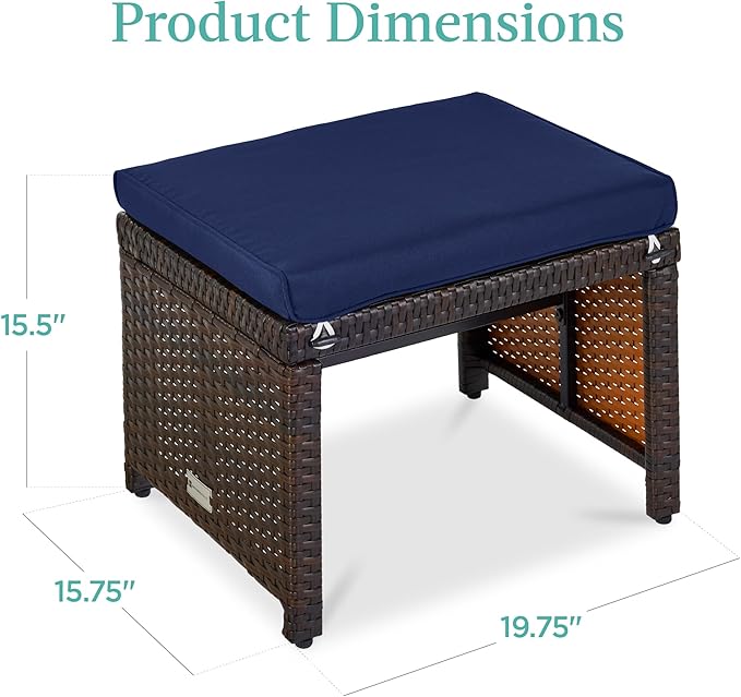Best Choice Products Set of 2 Wicker Ottomans, Multipurpose Outdoor Furniture for Patio, Backyard, Additional Seating, Footrest, Side Table w/Removable Cushions, Steel Frame - Navy/Brown