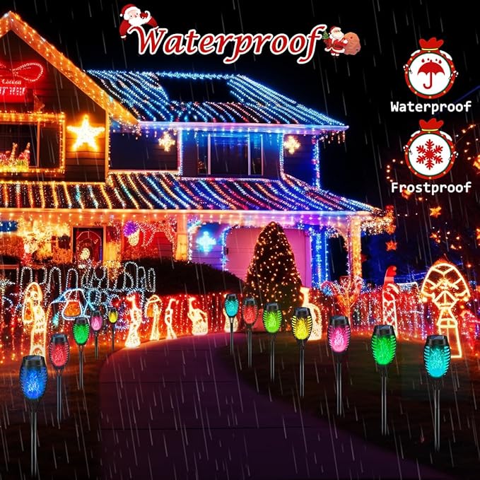 IkeeRuic Christmas Decorations Outdoor, Multicolor Solar Christmas Lights Outdoor with Flickering Flame, Solar Torch Light for Xmas Decor, Solar Powered Outside Lighting Waterproof for Yard Pathway