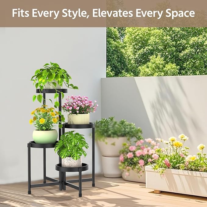 LASZOLA 4 Tiered Folding Plant Stand Indoor for Multiple Large Planter, Tall Heavy Duty Adjustable Rack with Rust Proof Plastic Shelving, Sturdy Vertical Tree Organizer for Narrow Inside Floor, Black