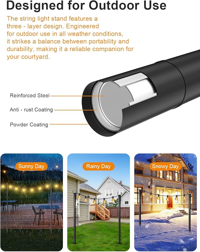 4 Pack String Light Poles for Outside, Thickened Metal Christmas Lights Hanger Pole Outdoor with Fork, Lighting Hanging Post Accessories for Patio Decor Garden Backyard Yard Outside Decorations