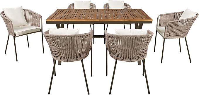 Merax 7 Pieces Patio Dining Table and Chairs, All-Weather Outdoor Furniture Set, Acacia Wood Tabletop, Metal Frame, for Garden, Backyard, Balcony, Beige