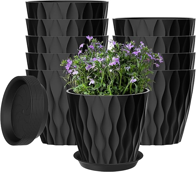 10 Pack 5 Inch Plant Pots with Drainage and Saucers, Black Plastic Flower Pots for Indoor and Outdoor Plants, Stackable Nursery Planters for Houseplants and Herbs, Black