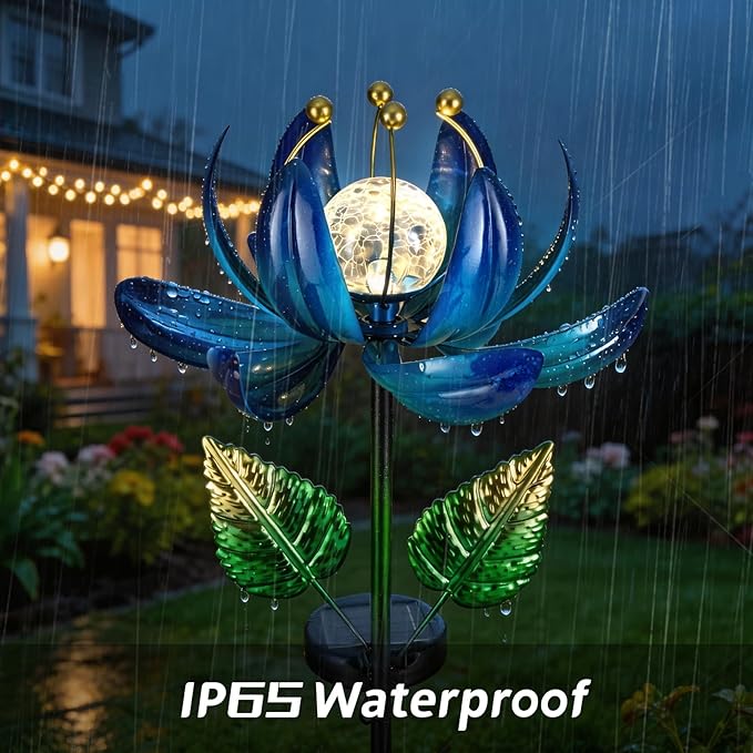 Solar Garden Lights Metal Flower Decor, Colorful Lotus Pathway Spinning Windmill with LED Cracked Crystal Ball Outdoor Decorative Stake Lighting Waterproof Flower Sculpture for Patio Yard