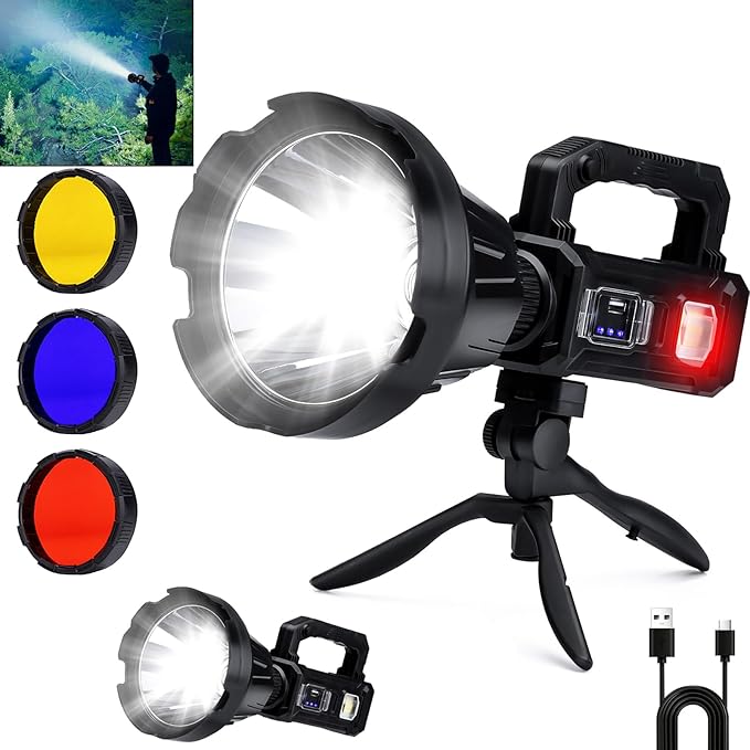 Solar Rechargeable Spotlight 3,000,000L High Lumens, Super Bright Led Spot Lights Outdoor Handheld Long Range Flashlight with 6 Modes, 3 Colored Filters, Tripod, USB C for Fishing Boating