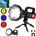 Solar Rechargeable Spotlight 3,000,000L High Lumens, Super Bright Led Spot Lights Outdoor Handheld Long Range Flashlight with 6 Modes, 3 Colored Filters, Tripod, USB C for Fishing Boating