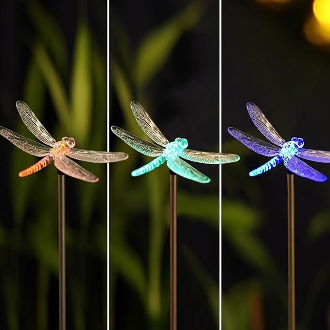 Outdoor Solar Garden Stake Light - Color Changing Decorative LED Stake Lamp In-ground Landscaping Lighting for Garden Patio Yard Lawn Pathway Flower Bed Decor Decorations Figurine Dragonfly