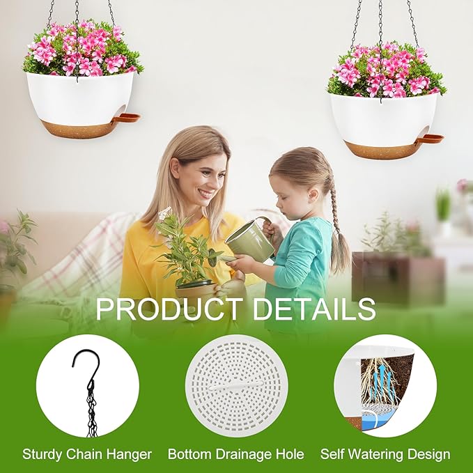 12 inch Hanging Planters for Indoor Plants, 2 Pack Self-Watering Hanging Planter Pots with Chain and Drainage Holes, Outdoor Plastic Hanging Baskets for Garden Home Decor