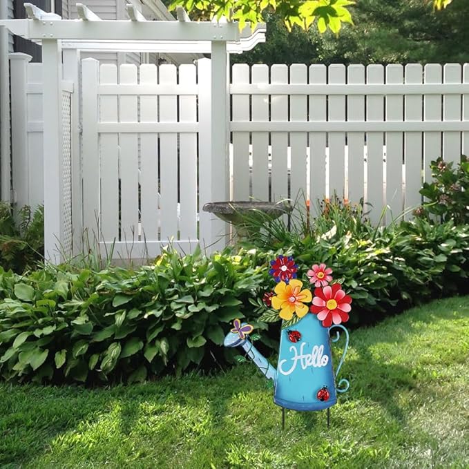 hogardeck Garden Decor for Outside, Metal Watering Can Decorative Garden Stakes with Flowers, Yard Art Welcome Spring Signs for Outdoor Lawn Backyard Porch Patio Garden Decorations