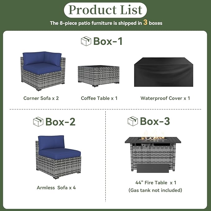 Aoxun 8 Piece Patio Furniture Set with 44” Fire Pit Table Paito Conversation Set Wicker Rattan Outdoor Sectional Sofa Set with Waterproof Cover and Thickened Cushions (Grey/Blue)
