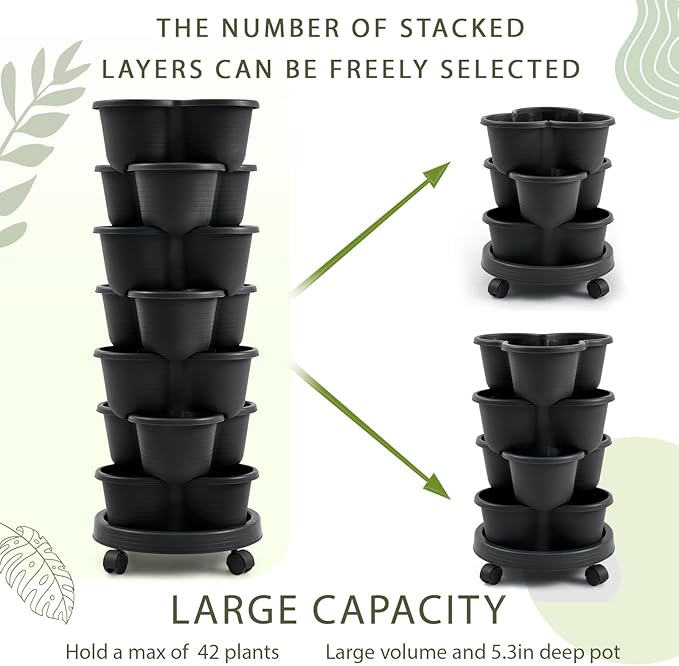 Umigy 2 Set Black 7 Tier Stackable Vertical Planters with Removable Wheels and Tools Tower Planters Strawberry Herb Flower Vegetable Pots Indoor Outdoor Gardening Pots