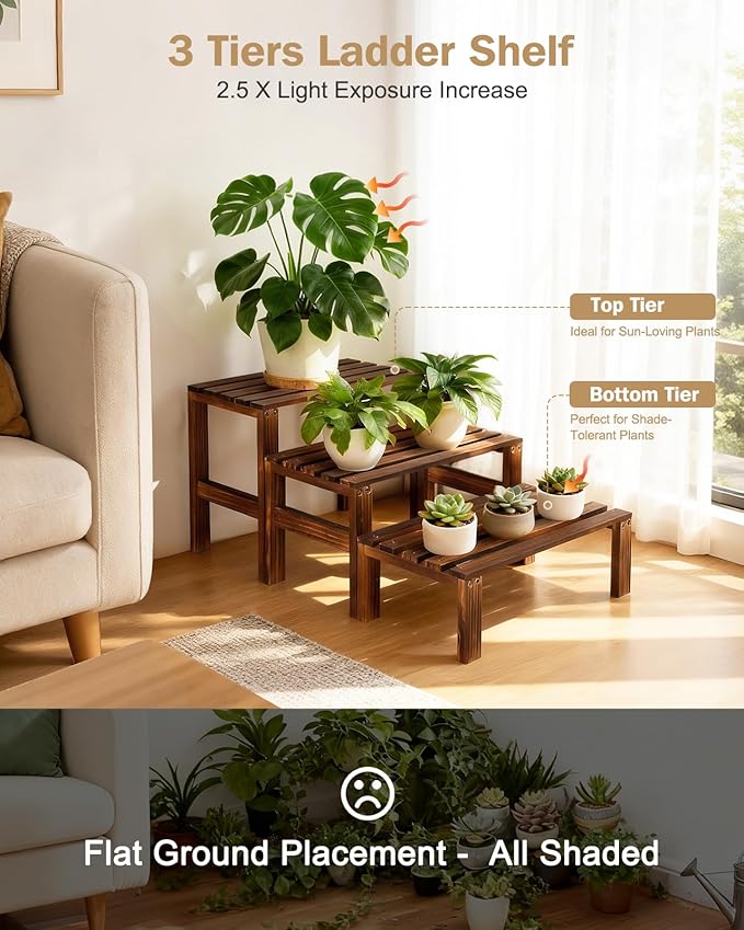 3 Tiered Wooden Plant Stand Shelf Indoor Outdoor,Corner Small Flower Pot Stand ,Rustic Narrow Low Short Plants Holder Rack for Tall Plants Succulent in Patio Livingroom Balcony Window Sill Table Desk