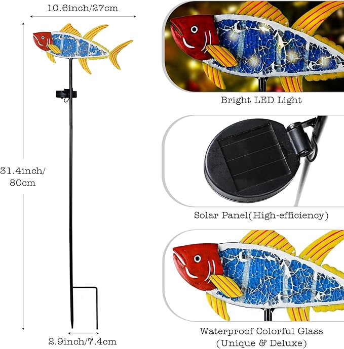 Yiosax-Solar Outdoor Lights Decorative-Yard Outdoor Decorative - Garden Stakes Fish Decorative Waterproof 7 LED Light Decor Ocean Beach Theme for Lawn Path Yard Decoration Gift Idea