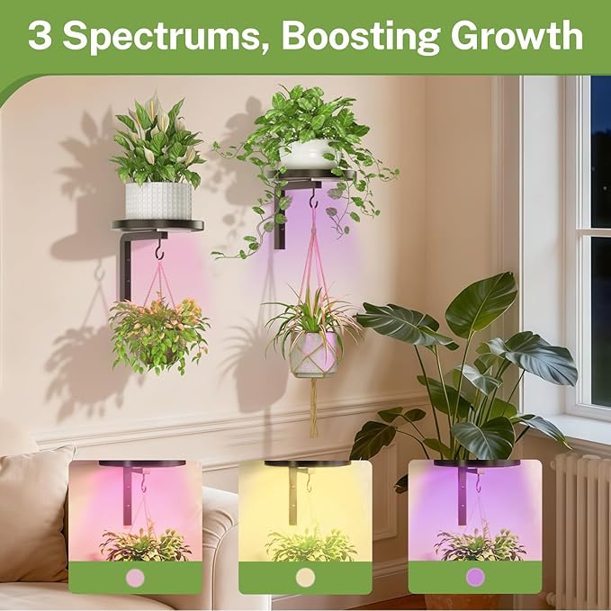 iDavosic.ly Wall Plant Holder with Grow Lights Set of 2 for Indoor Outdoor, Metal Hanger with 2 Hooks, Floating Flower Display Stand for Window, Space Saving & Easy to Assemble (Pots Not Included)