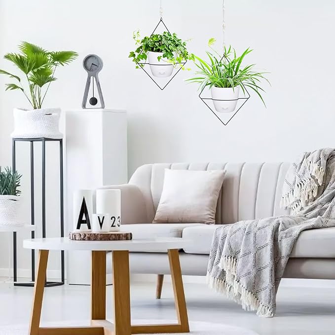 Hanging Planters for Indoor Plants, 2 Set Self Watering Hanging Flower Pots, Modern Hanging Plant Baskets with Metal Plant Holder & 6.5 Inch Plastic Pots for Garden Home Decor (White)