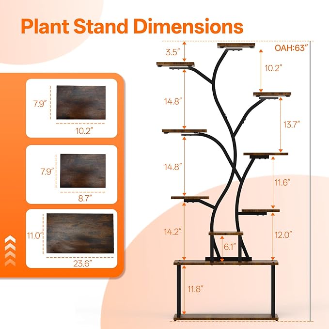 Bstrip 63 Inch Plant Stand with Grow Light, 10-Tier Plant Shelf for Indoor Plants, Decor Tree Shaped Flower Stand for Home, Corner & Patio