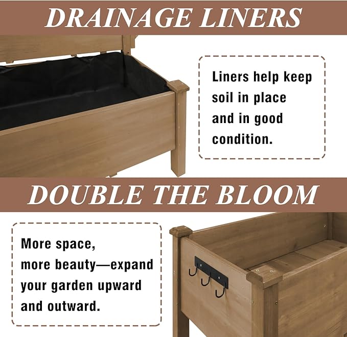 2-Tier Raised Garden Bed with Legs Outdoor Elevated Garden Box,Storage Shelf,Protective Liner for Backyard,Patio,Balcony,55x42x30in (Brown)