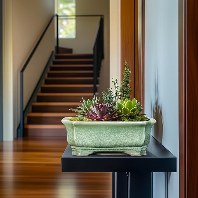Bonsai Pots - 13.7 Inch Rectangle Ceramic Pots for Plants, Large Succulent Planter with Drainage Hole, Decorative Planters for Indoor Outdoor, Garden House Decor, Housewarming Gifts, Green