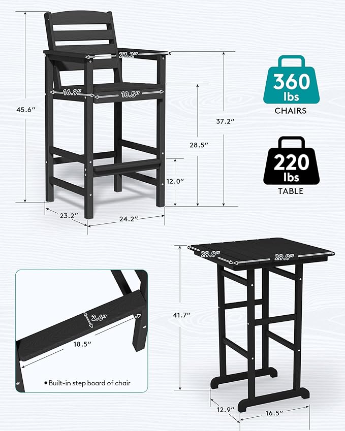 SERWALL 6 Pieces Outdoor Patio Bar Set with 9ft Umbrella, Outdoor HDPE Barstool and Table Furniture Set with Patio Umbrella, Black