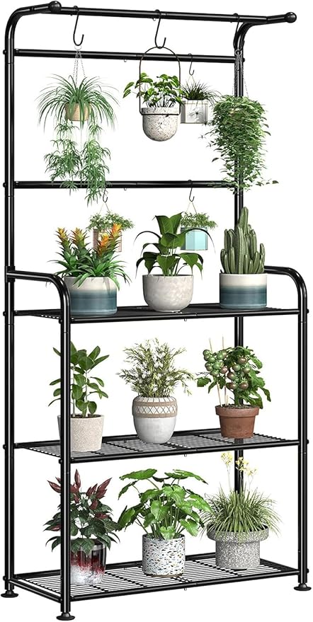 Plant Stands Outdoor with Hooks, Metal Tall Plant Shelves Indoor for Hanging Planter, Black