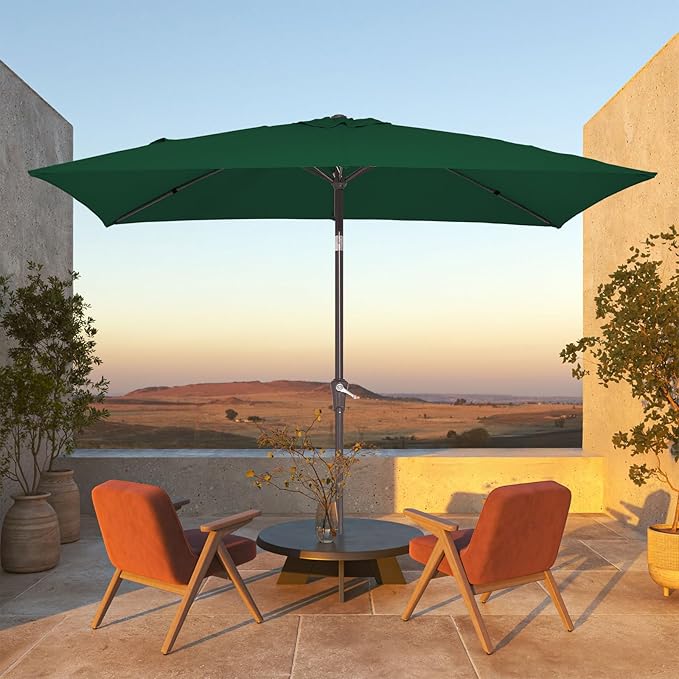 JEAREY 6.5x10 ft Rectangular Patio Umbrellas Rectangle Outdoor Umbrella with Push Button Tilt and Crank, Market Table Umbrella 6 Sturdy Ribs UV Protection for Poolside Garden Backyard Deck, Dark Green