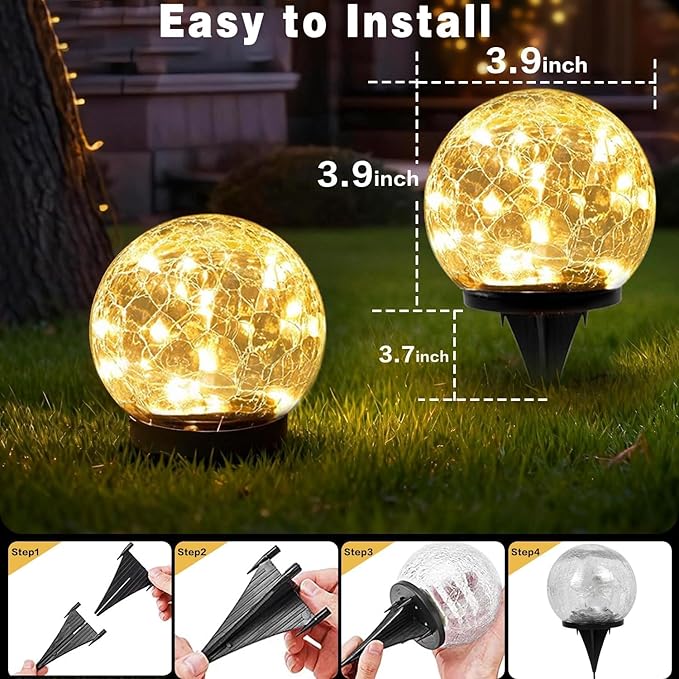 Solar Garden Lights Outdoor Waterproof, 4 Pack 30 LEDs Cracked Glass Ball Light, Ground Landscape Garden Decor, Solar Globe Decorative for Pathway/Patio/Lawn/Yard (Warm White, 3.9")
