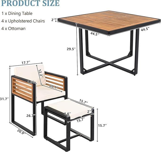 Merax 18 Pieces Outdoor Dining Set for 16 People, Acacia Wood Patio Furniture Sets with 2 Square Tables, 8 Cushioned Chairs and 8 Ottomans for Backyard, Garden, Lawn, Poolside, Beige