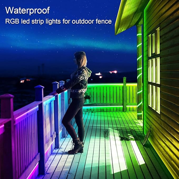 Outdoor LED Strip Lights Waterproof,IP68 Outside Led Light Strips Waterproof with Bluetooth App Remote Control,Music Sync RGB Exterior Led Rope Lights,for Balcony,Deck,Roof,Garden,Pool (200FT Outdoor)