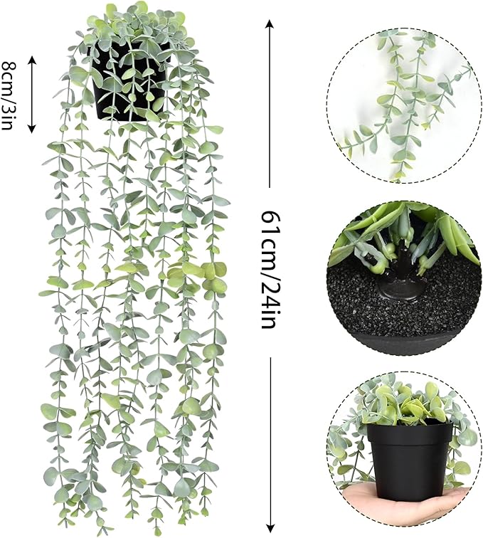 Waipfaru 2Pcs Fake Hanging Plants with Pot Light Green Eucalyptus Leaves UV Resistant Fake Vines Ivy Artificial Plants Outdoor Faux Plants Indoor Bedroom Living Room Boho Wall Porch Shelf Decor