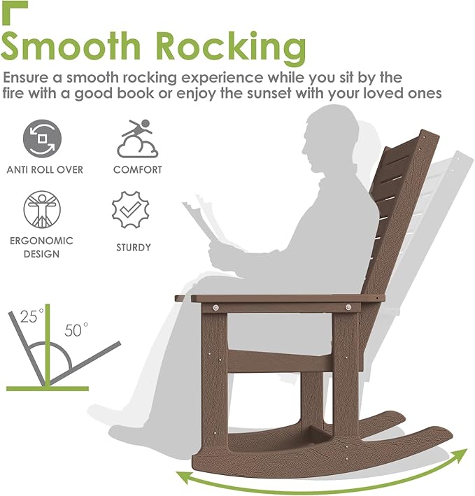 GREENVINES Outdoor Rocking Chairs | Set of 4 | Porch Rocker | HDPE Plastic | Wood Grain | Oversized Rockers | High Back | Big & Tall | Ladder Back | Dark Brown | for Patio Outside