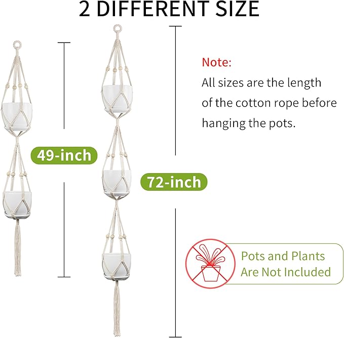 Macrame Plant Hanger - Fits 4 to 8 inches Pots for Indoor Outdoor, 49"/72" 2 Sizes Set, Ivory (POTS NOT Included)