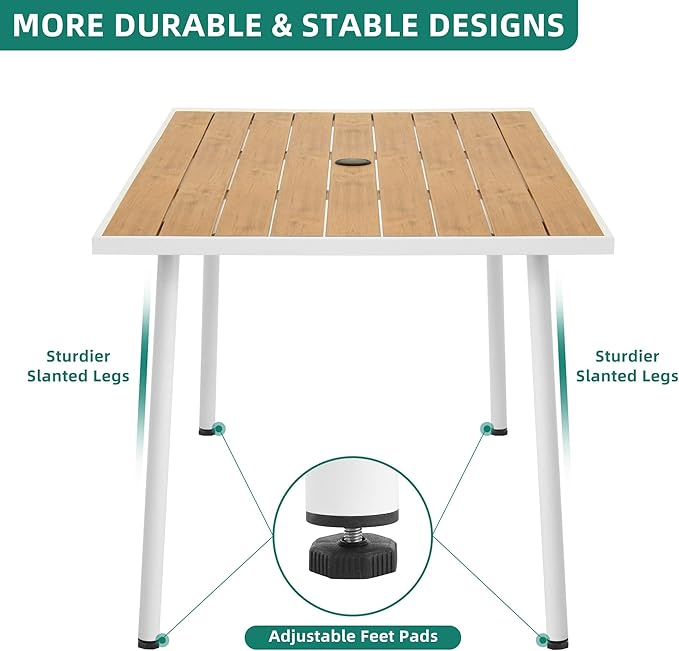 DWVO Patio Table Rectangle 59"x34.2", Patio Dining Table for 6 Weather-Resistant Outdoor Table with Umbrella Hole, Steel Frame, Adjustable Feet for Outdoor/Indoor