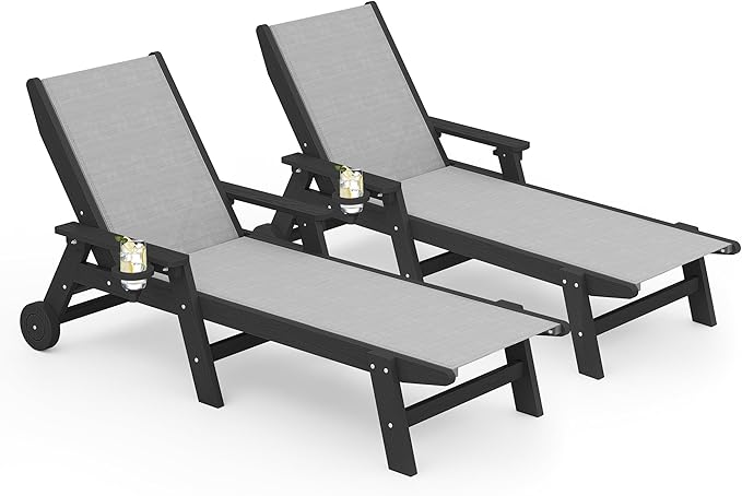SERWALL Textilene Patio Chaise Lounge Chair Set of 2, 5 Positions Outdoor Lounger with Rolling Wheels for Pool, Deck, Black