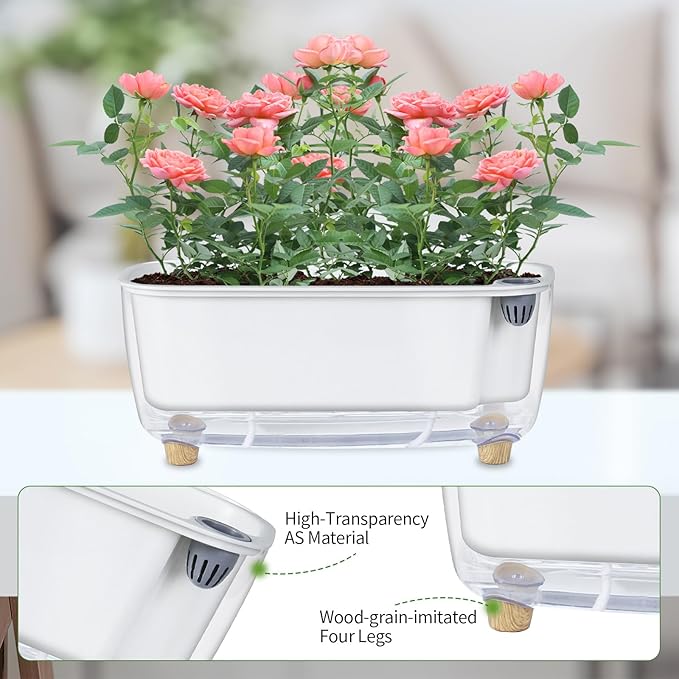 Self Watering Planter with Coco Coir Pellets, 11.8 Inch Plastic Rectangular Windowsill Plant Pot with Drainage Holes, High Clear Modern Decorative Flower Pot for Indoor Plants, African Violets