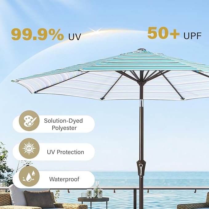 MEWAY 9ft Patio Umbrella Outdoor Table Umbrellas with Push Button Tilt and Crank, Market Umbrella 8 Sturdy Ribs for Deck, Garden, Pool and Backyard, Blue Green Stripe