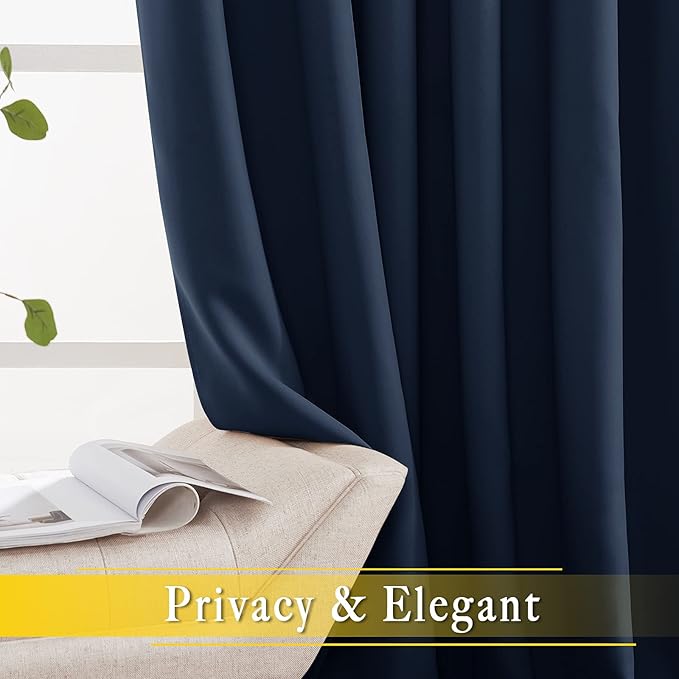 NICETOWN Blackout Navy Blue Bedroom Curtain 118 inches Long, Grommet Thermal Insulated Room Divider Drape Solid Window Treatment for Sliding Door/Living Room, W80 x L118, 1 Panel