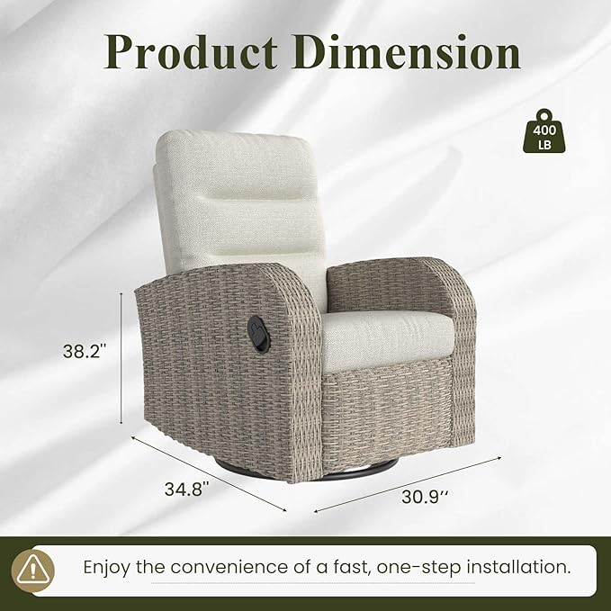 LayinSun Oversized Wicker Outdoor Swivel Glider Recliner with Adjustable Backrest & Footrest, Patio Reclining Lounge Chair - Set of 2