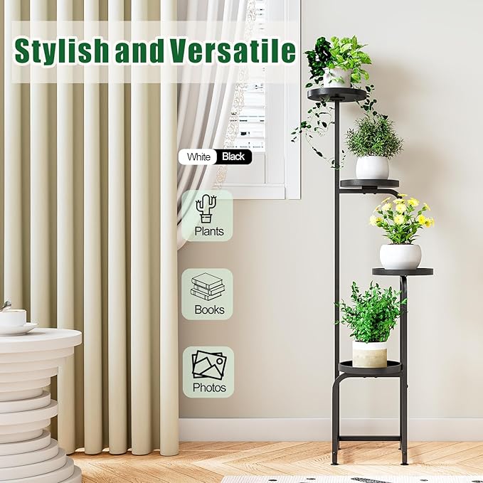 Plant Stand Indoor Outdoor 4 Tier Metal Plant Shelf for Multiple Plants Corner Flower Holders for Living Room Balcony Bedroom Patio Garden, Black (Black, 4-Tier)